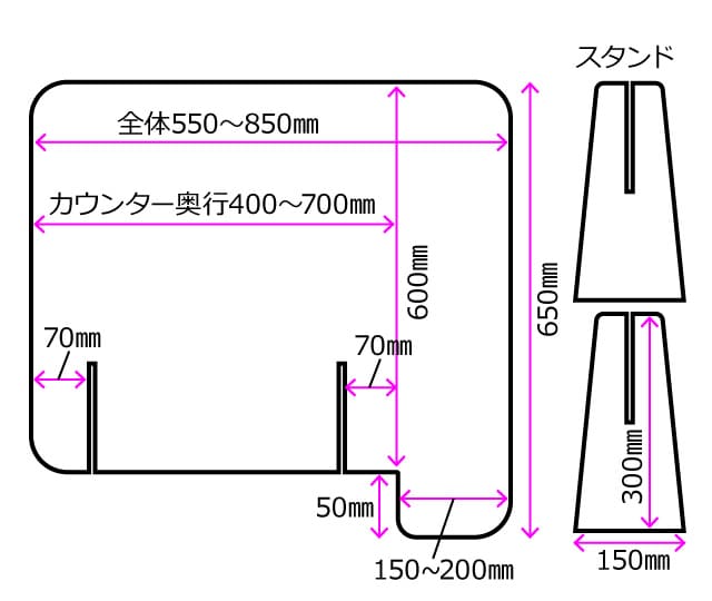 アクリルパーテーション（アクリル板）カウンター間仕切り型袖ありタイプ　サイズ