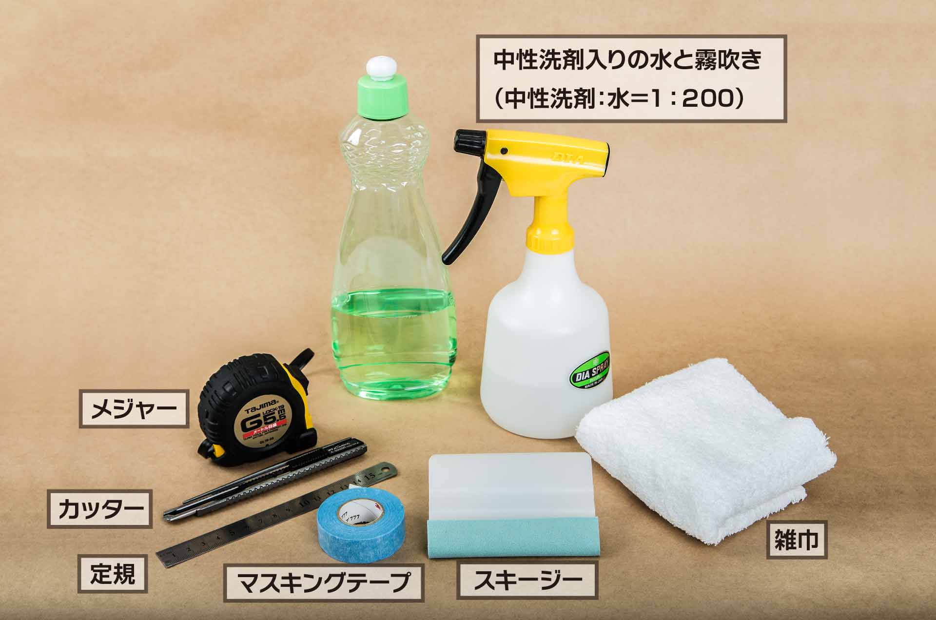 中性洗剤入りの水と霧吹き（中性洗剤：水＝1:200）、
              メジャー、カッター、定規、マスキングテープ、スキージー、雑巾